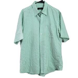Bugatchi Uomo Dress Shirt Size Large Short Sleeve Button Down Green Blue Plaid